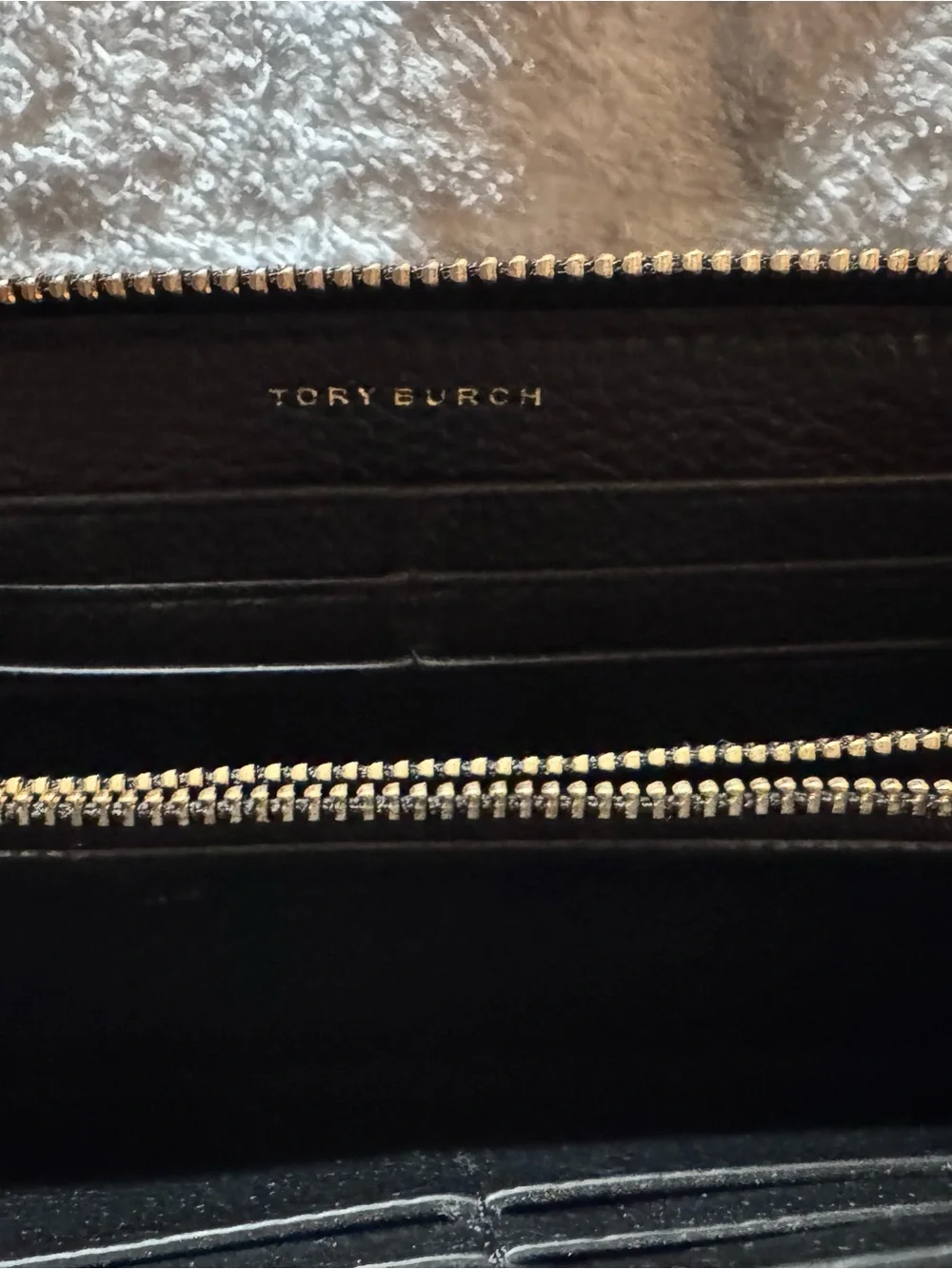 Tory Burch Black Pebbled Leather Zip Wallet with Gold Logo